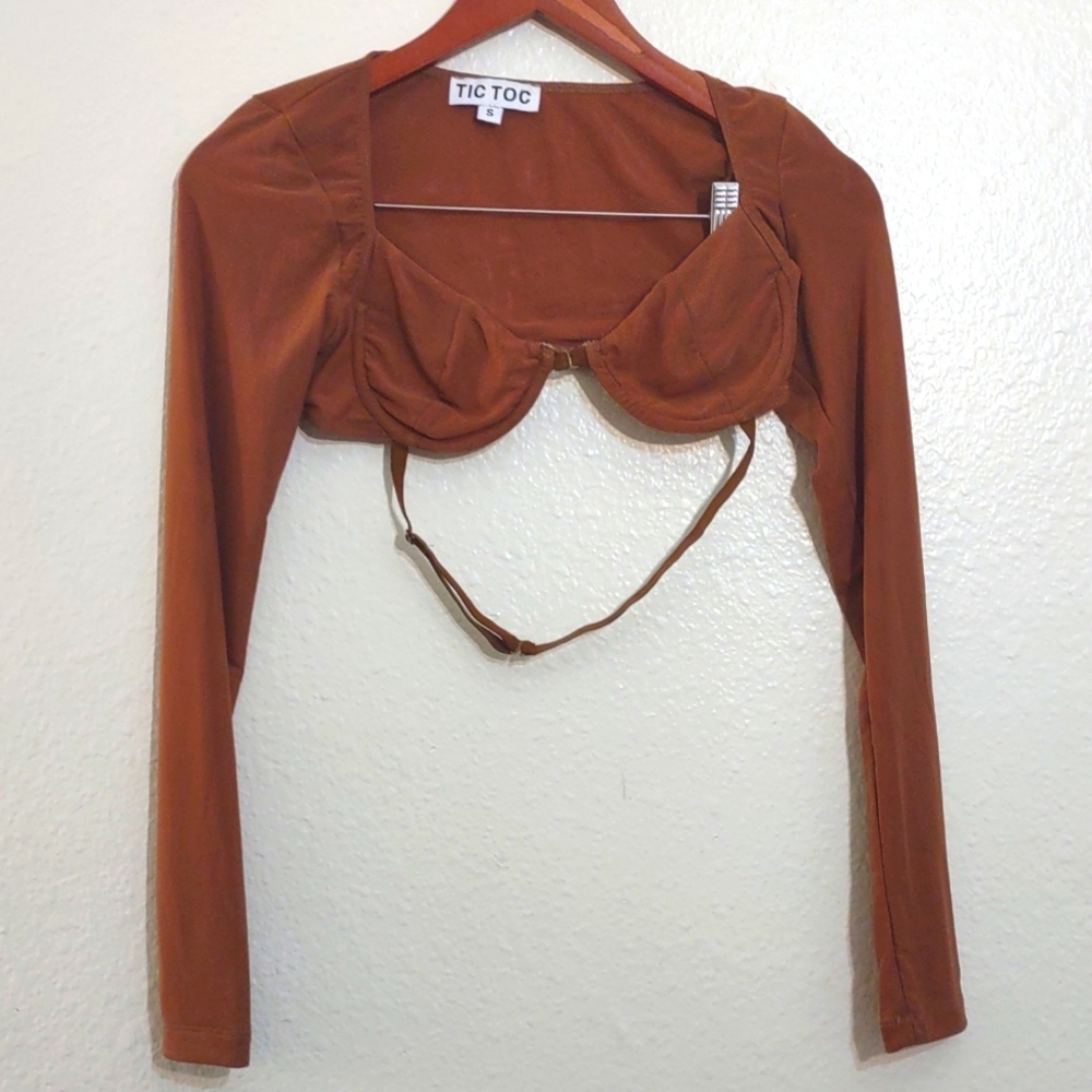 USED MESH LONG SLEEVE BRA TOP SIZE SMALL COLOR BROWN